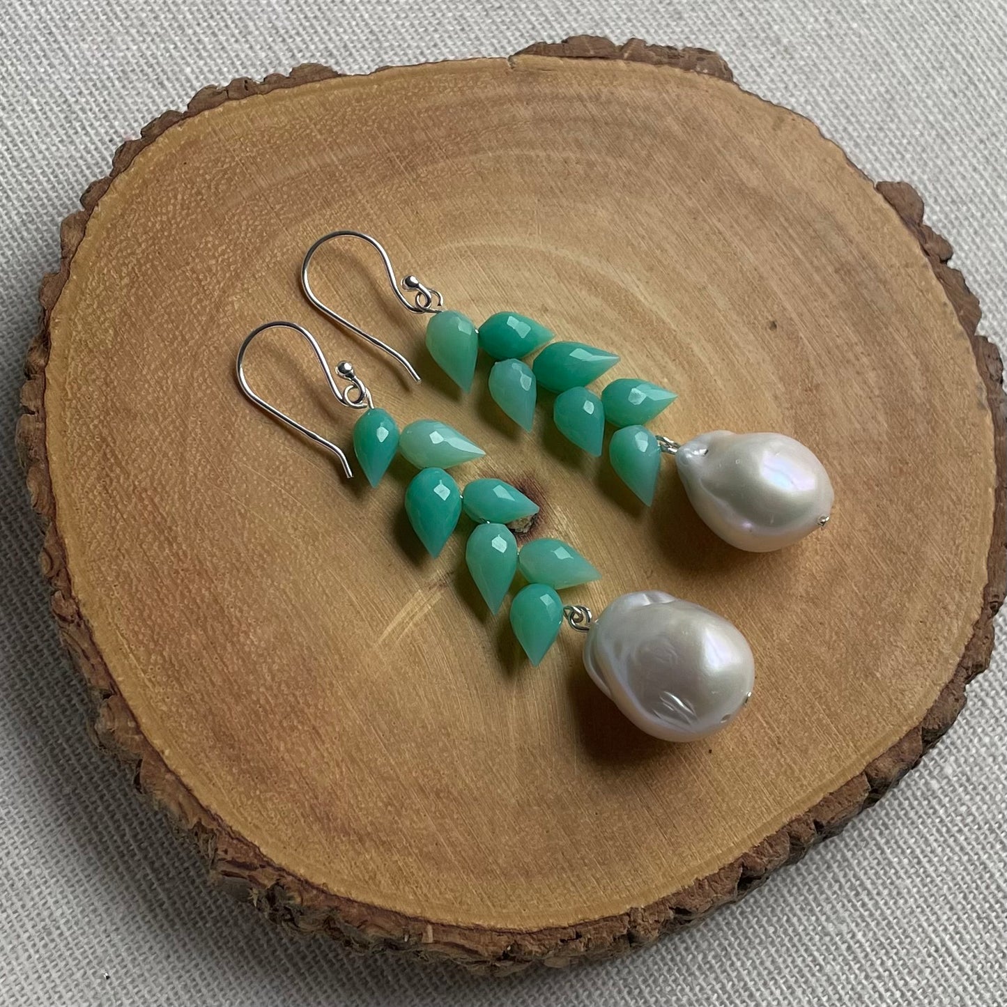 Chalcedony Droplet and Pearl Earrings