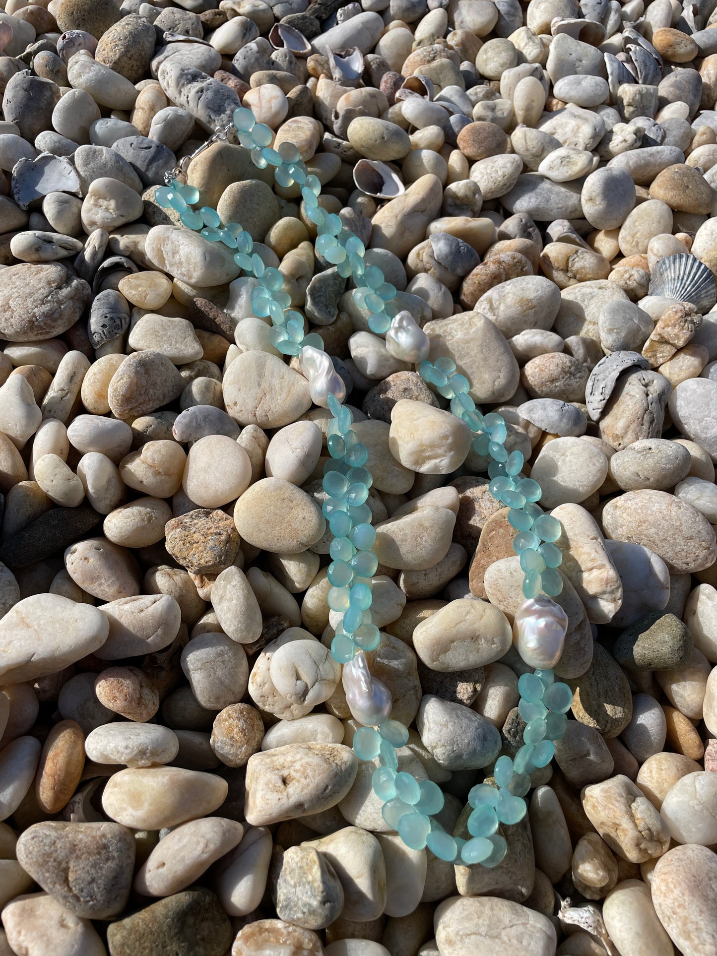 Aqua Chalcedony And Pearl Droplet Necklace
