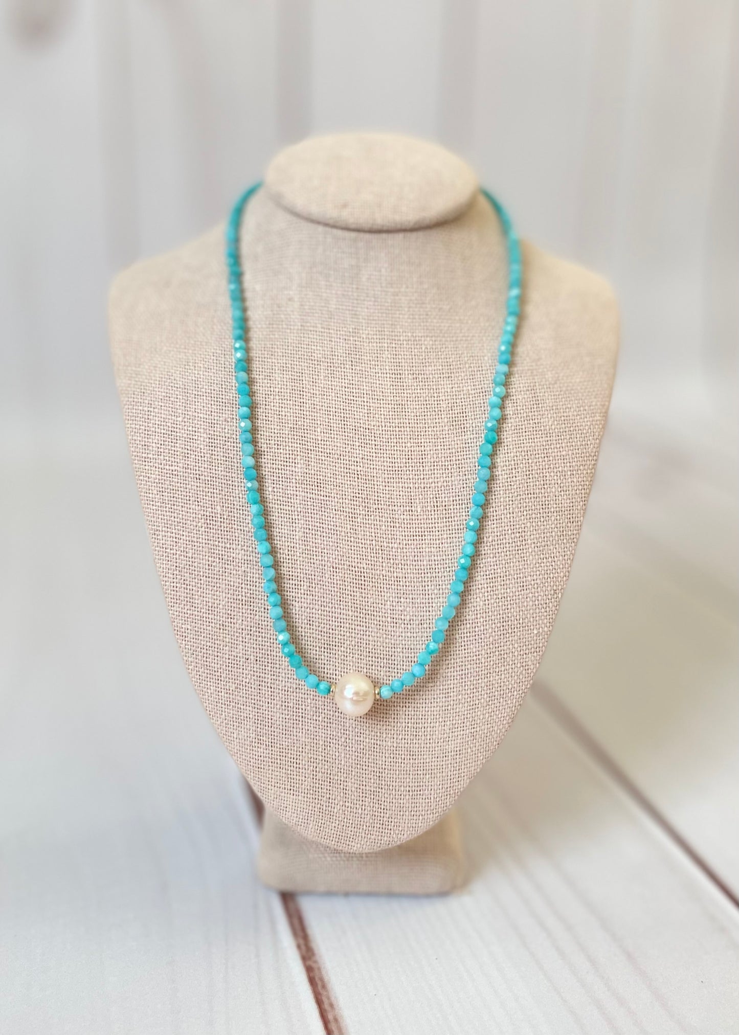 Amazonite and Pearl Necklace 14"