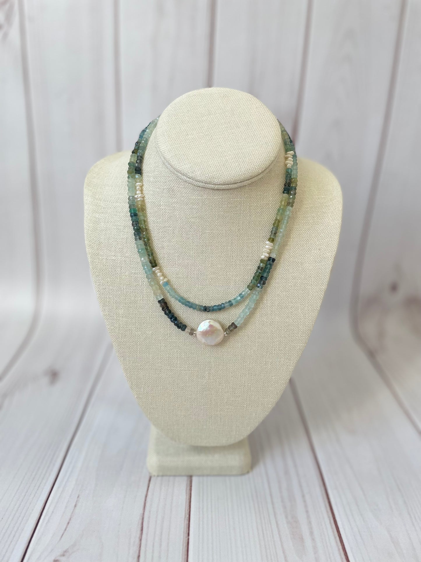 Moss Aquamarine and Coin Pearl Necklace