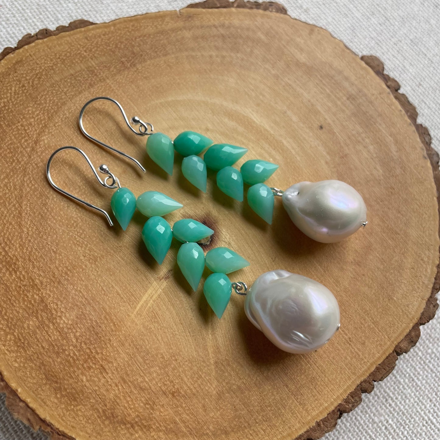 Chalcedony Droplet and Pearl Earrings