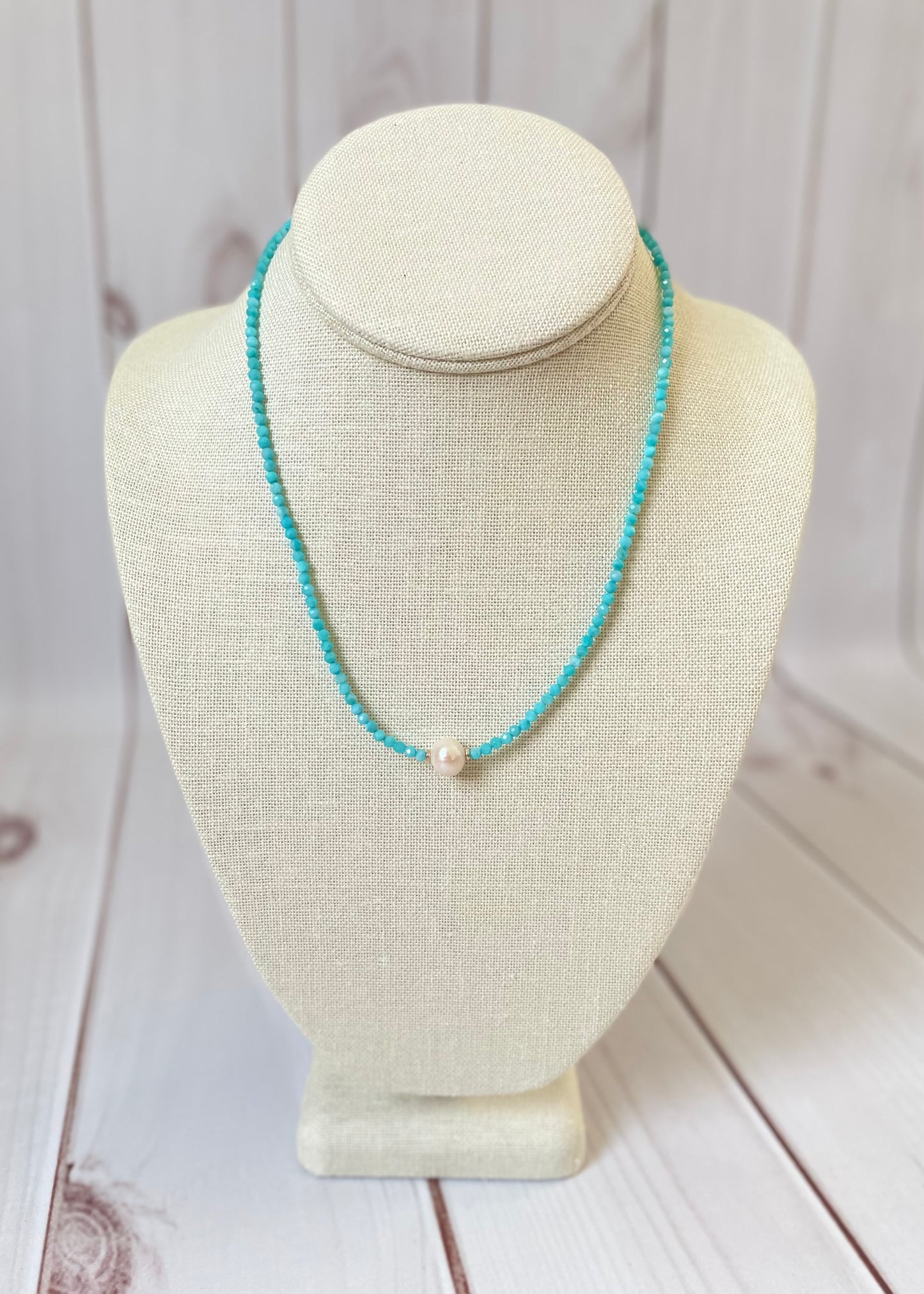 Amazonite and Pearl Necklace 14"