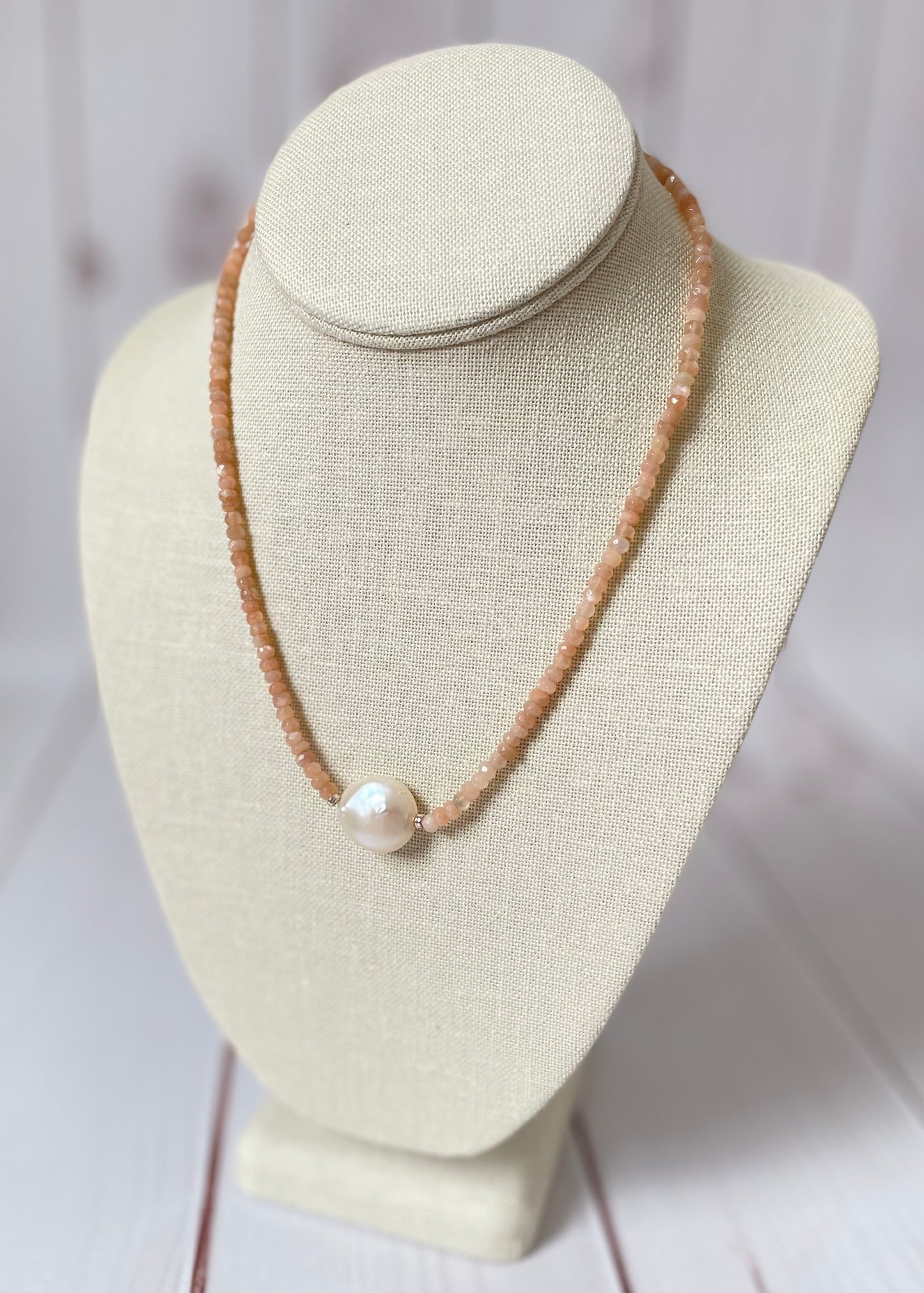 Peach Moonstone and Coin Pearl Necklace 16"