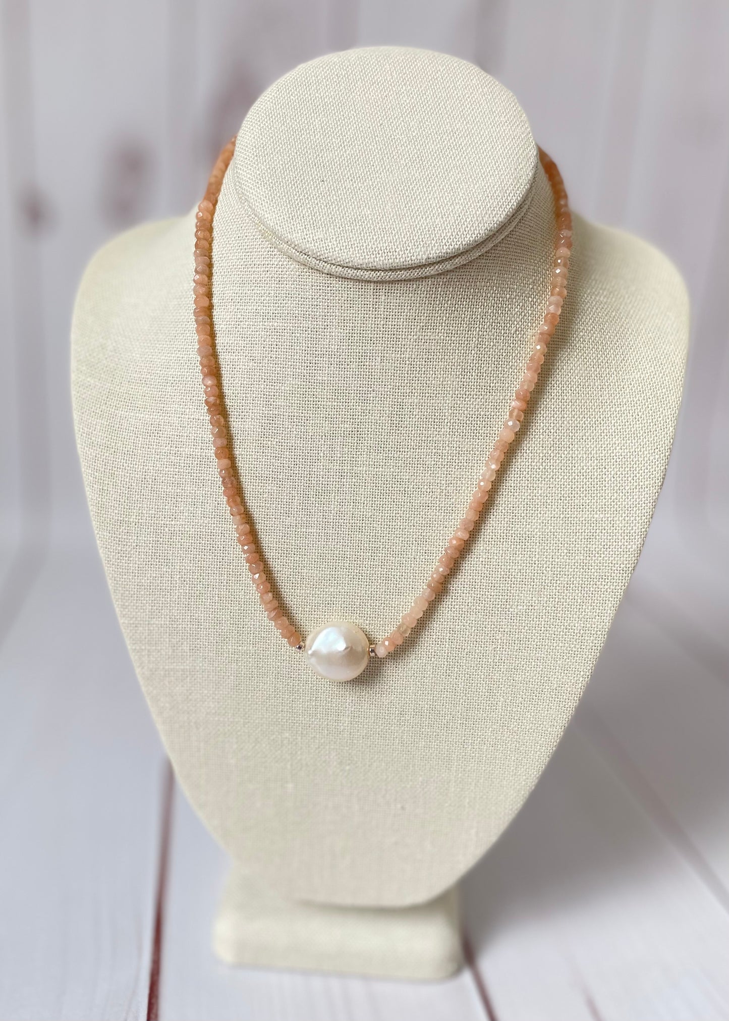 Peach Moonstone and Coin Pearl Necklace 16"