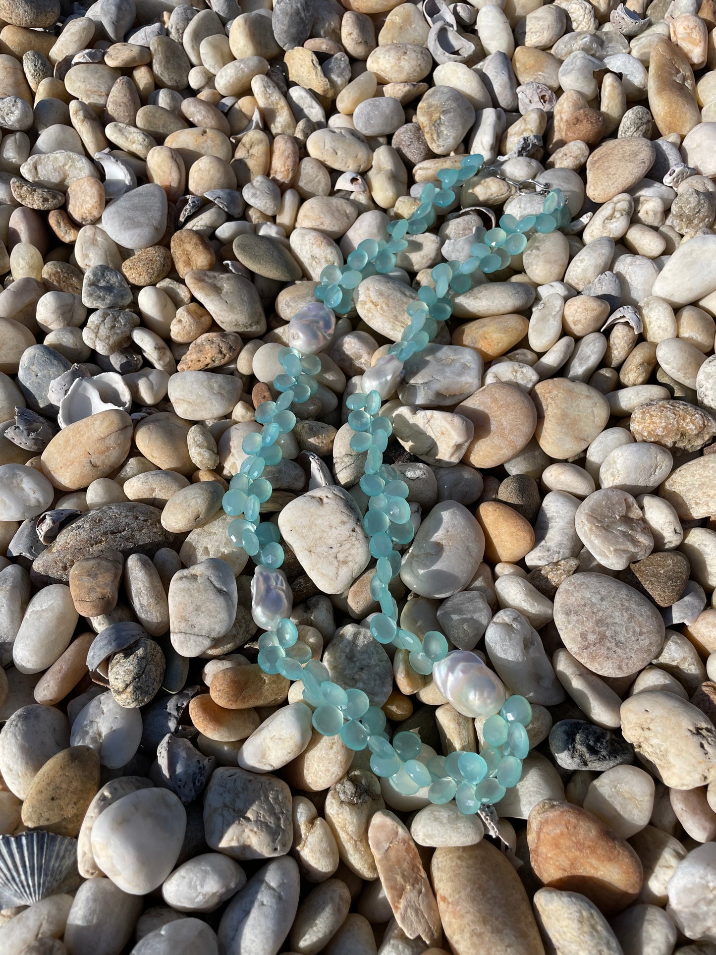Aqua Chalcedony And Pearl Droplet Necklace