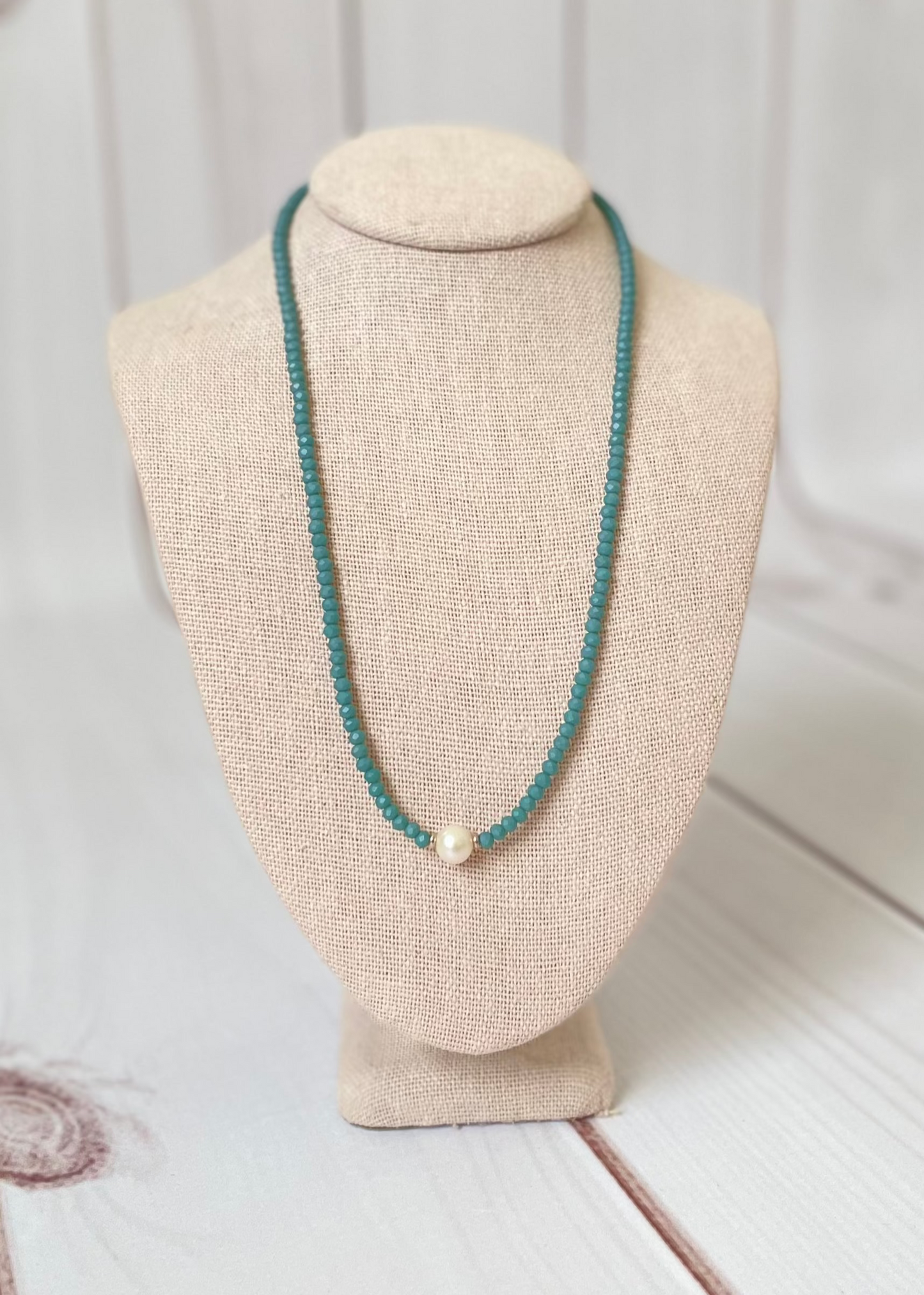 Matte Teal Glass and Pearl Necklace