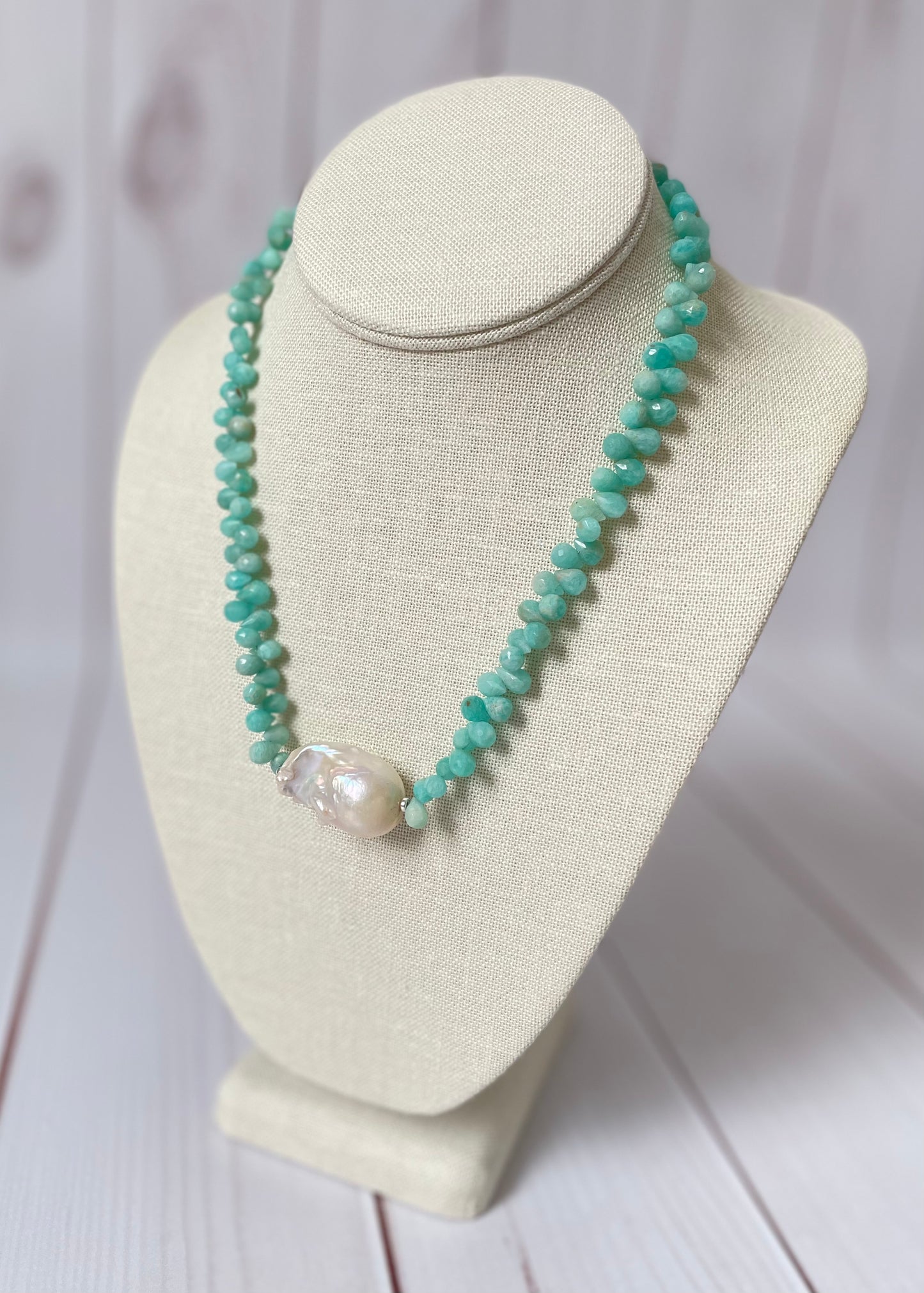 Amazonite Teardrop and Large Pearl Necklace