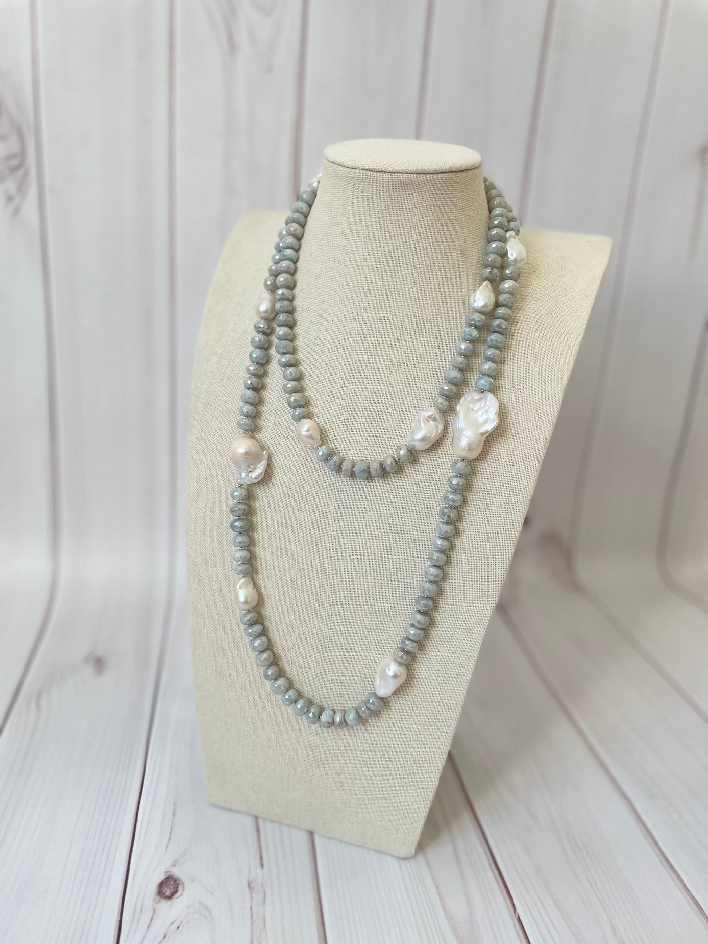 Long Aquamarine and Baroque Pearl Necklace