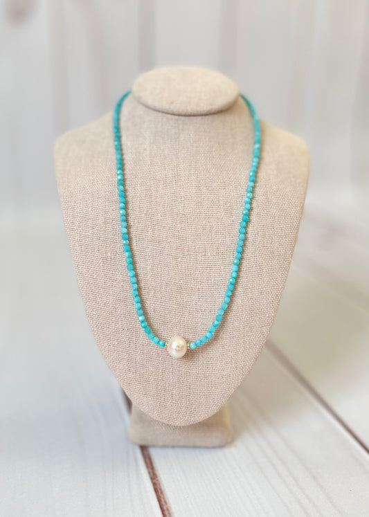 Amazonite and Pearl Necklace 16"