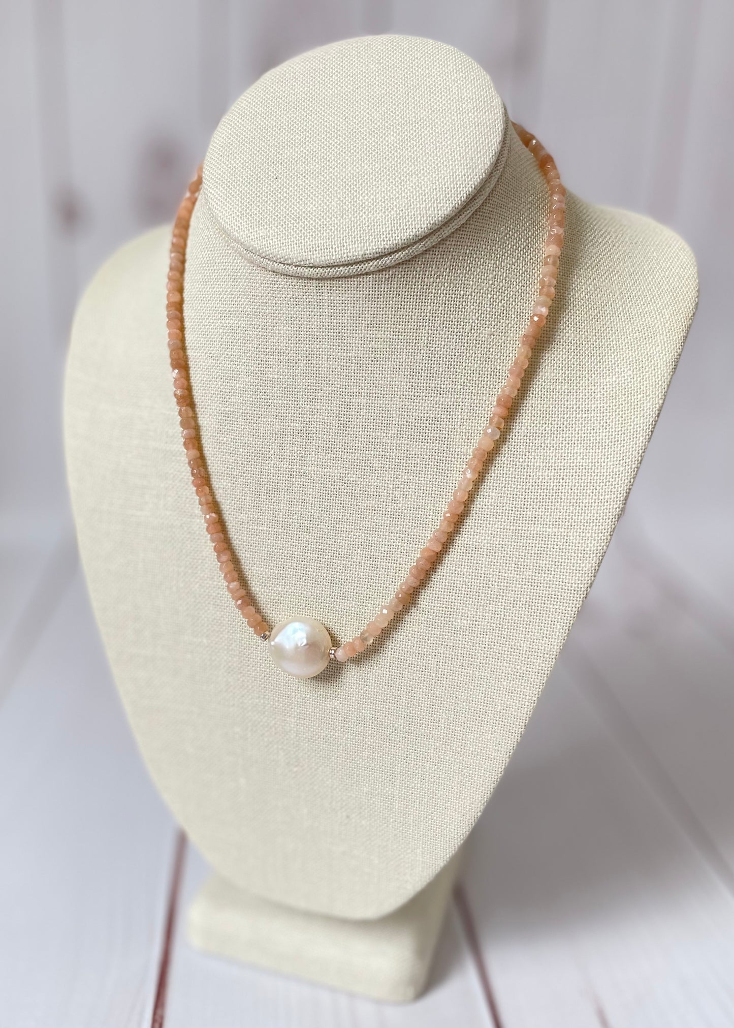 Peach Moonstone and Coin Pearl Necklace 18"