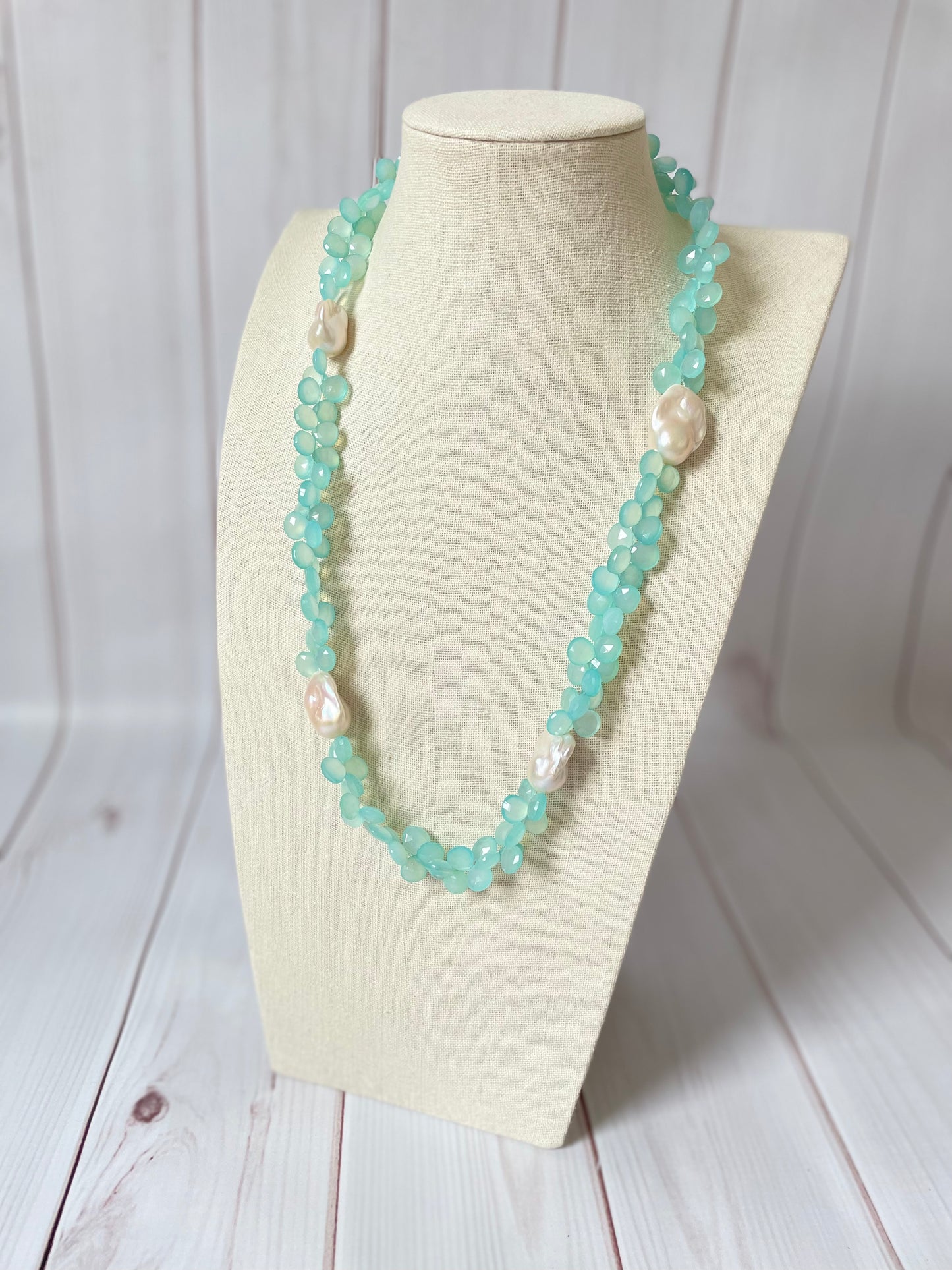 Aqua Chalcedony And Pearl Droplet Necklace