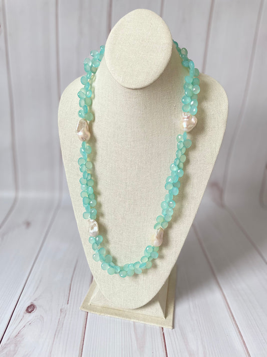 Aqua Chalcedony And Pearl Droplet Necklace