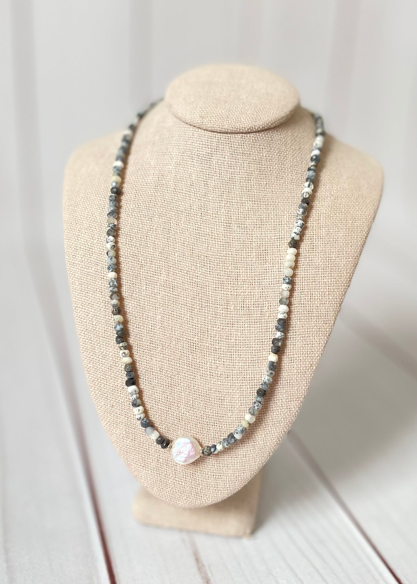 Dendritic Opal and Pearl Necklace 16"