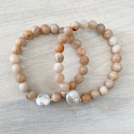 Pink Moonstone and Coin Pearl Bracelet