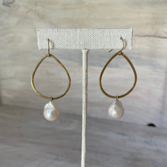 Large Gold Teardrop and Baroque Pearl Earrings