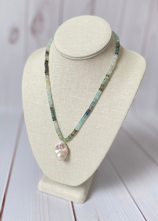 Moss Aquamarine and Pearl Necklace