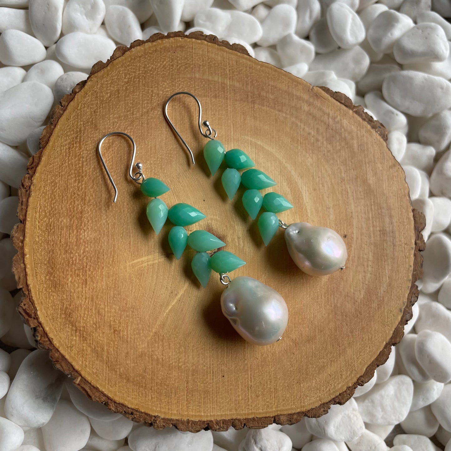 Chalcedony Droplet and Pearl Earrings