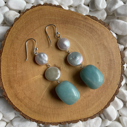 Coin Pearl and Amazonite Dangle Earrings