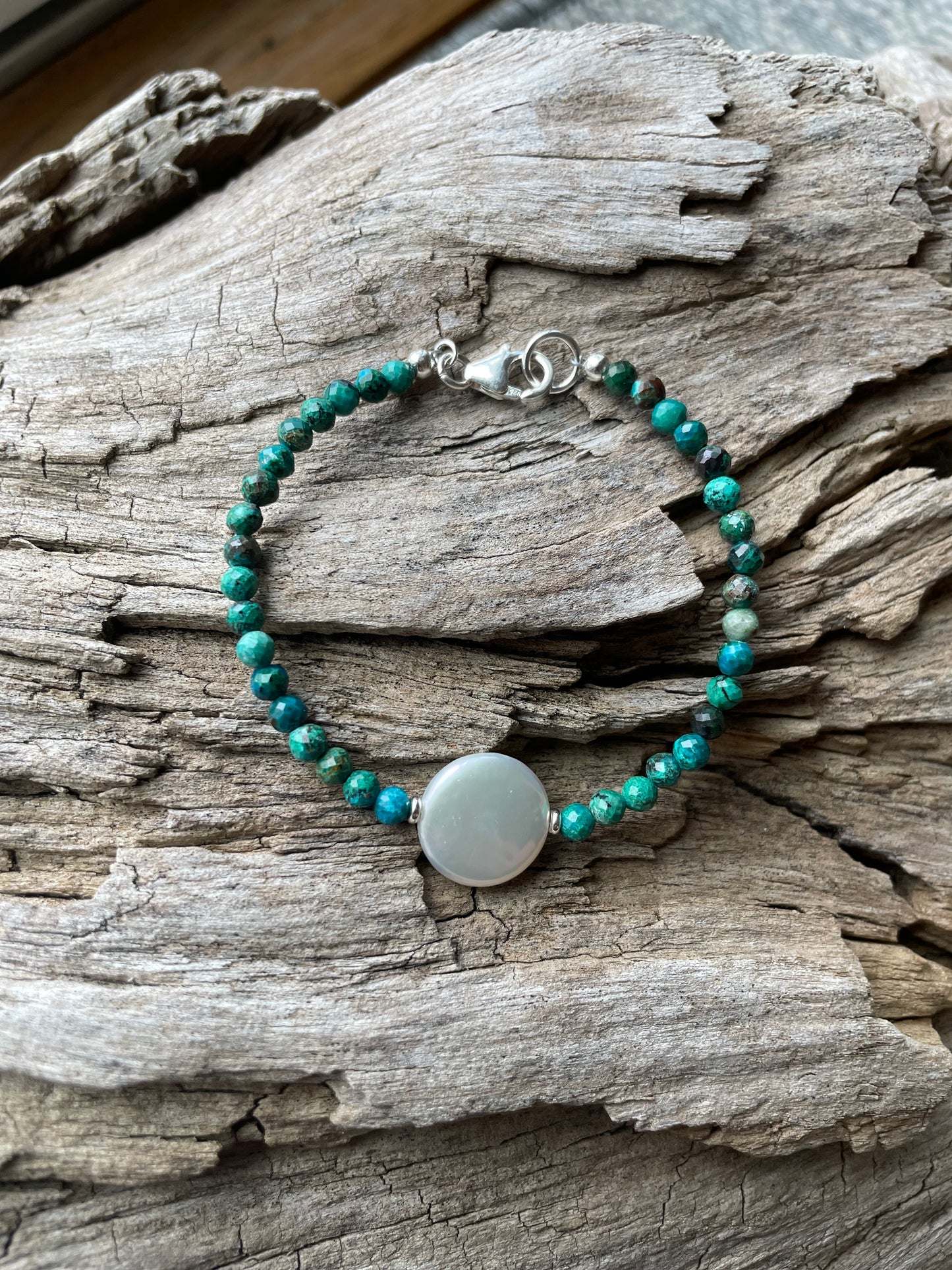 Chrysocolla and Coin Pearl Bracelet