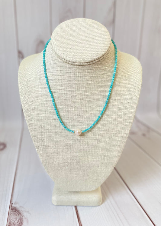 Amazonite and Pearl Necklace 14"