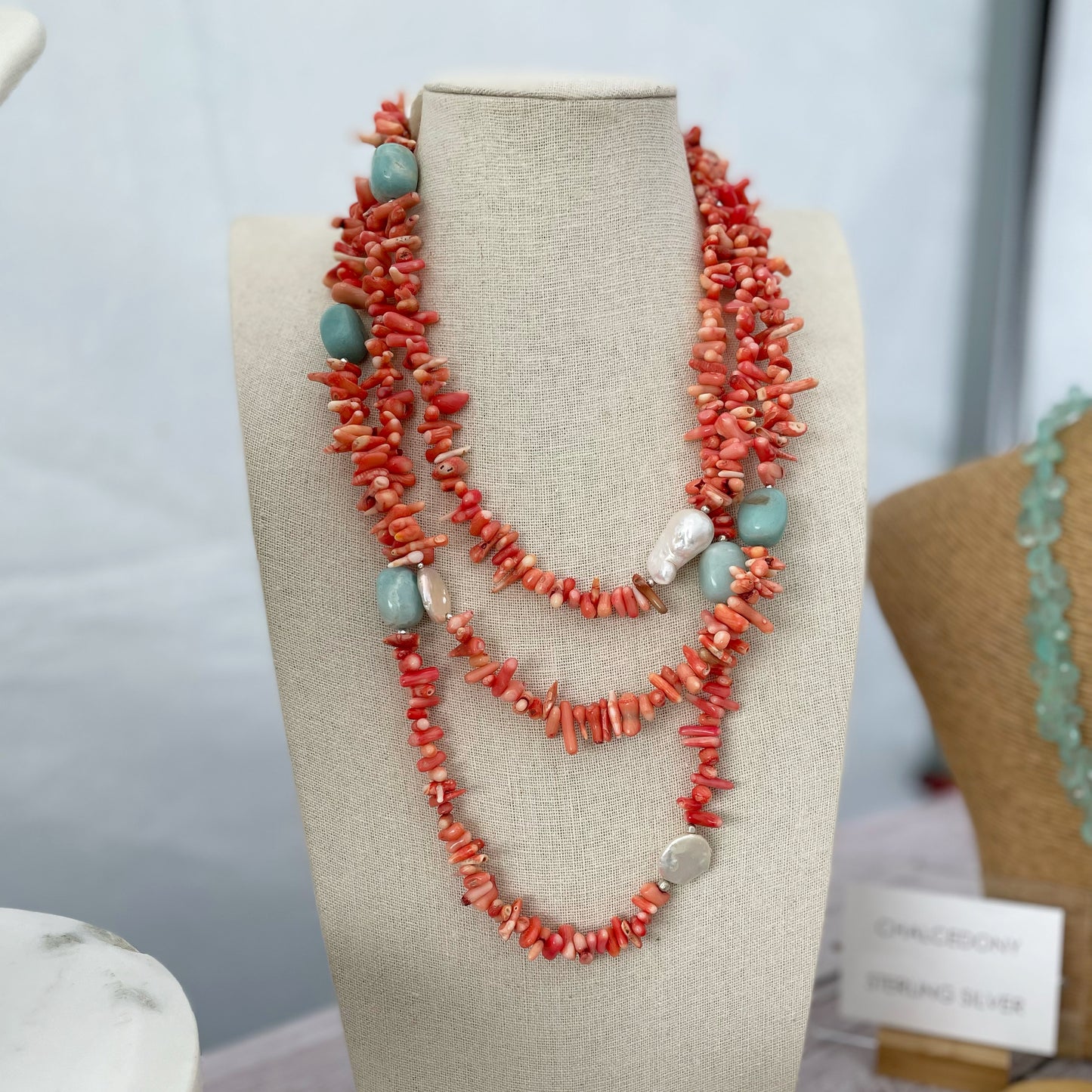 Coral, Amazonite and Pearl Necklace