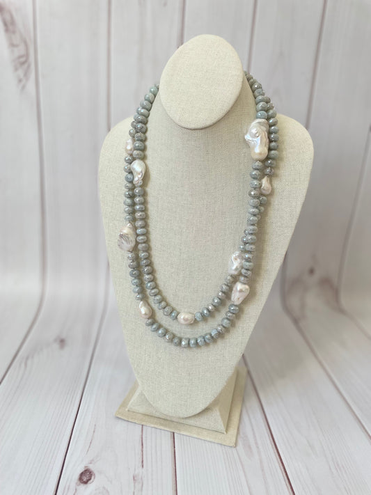 Long Aquamarine and Baroque Pearl Necklace