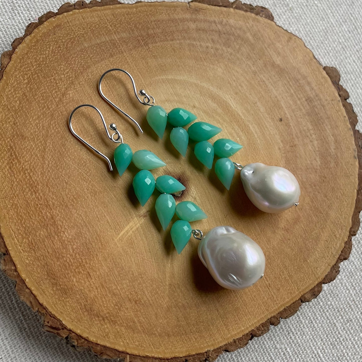 Chalcedony Droplet and Pearl Earrings