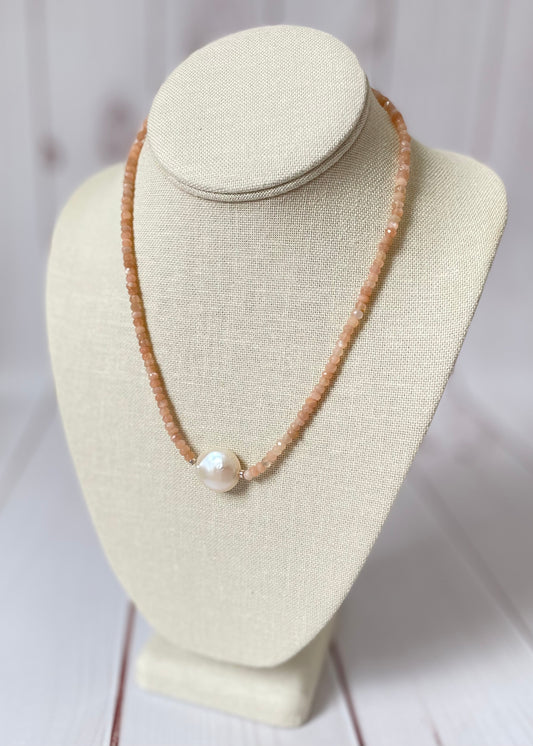 Peach Moonstone and Coin Pearl Necklace 16"