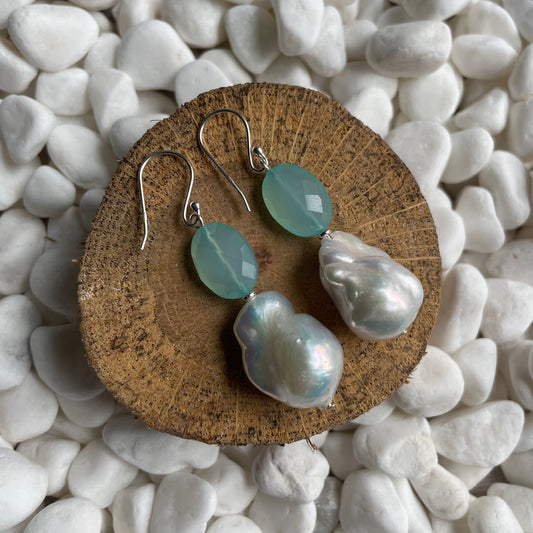 Aqua Chalcedony and Pearl Earrings