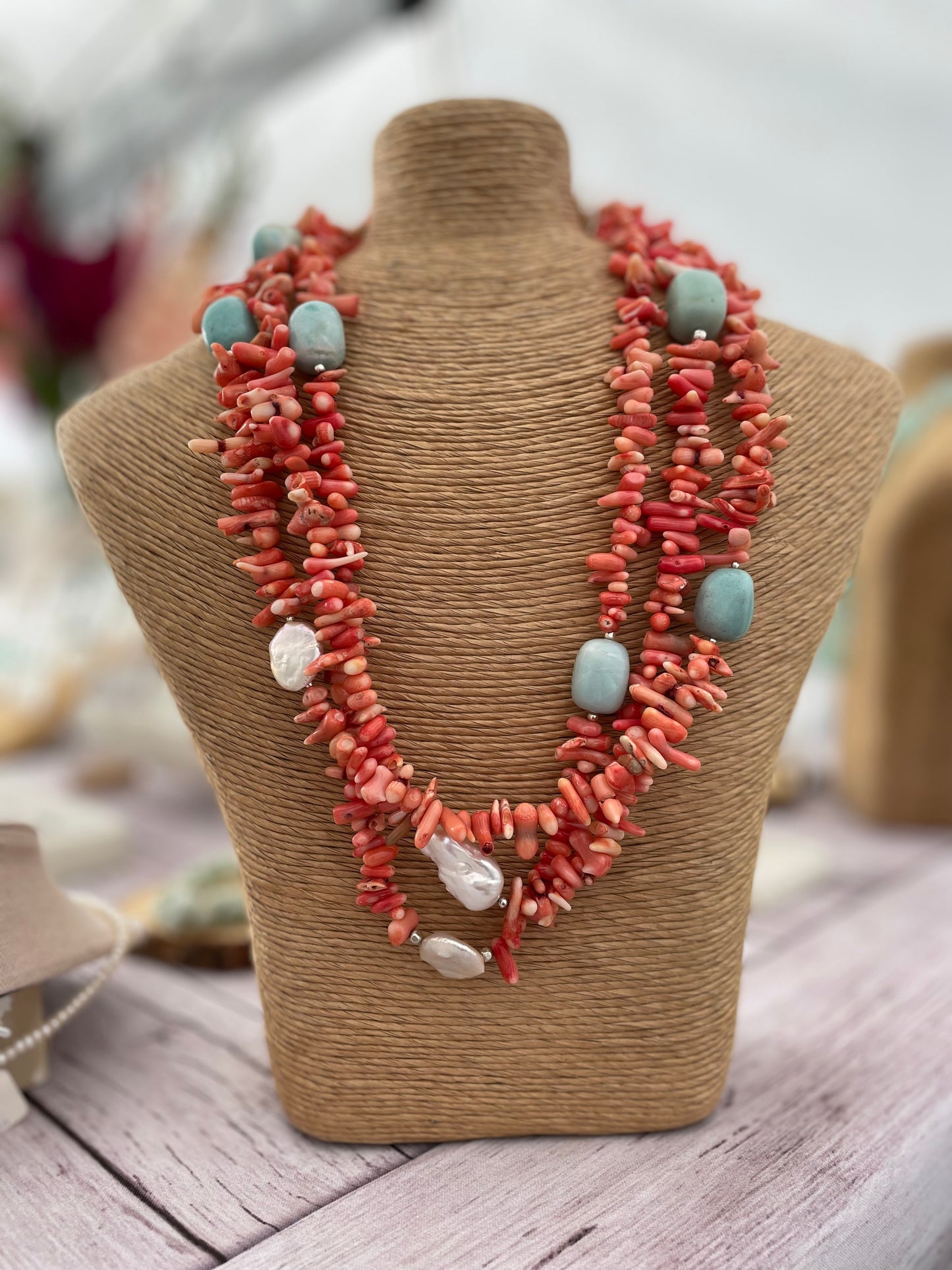 Coral, Amazonite and Pearl Necklace