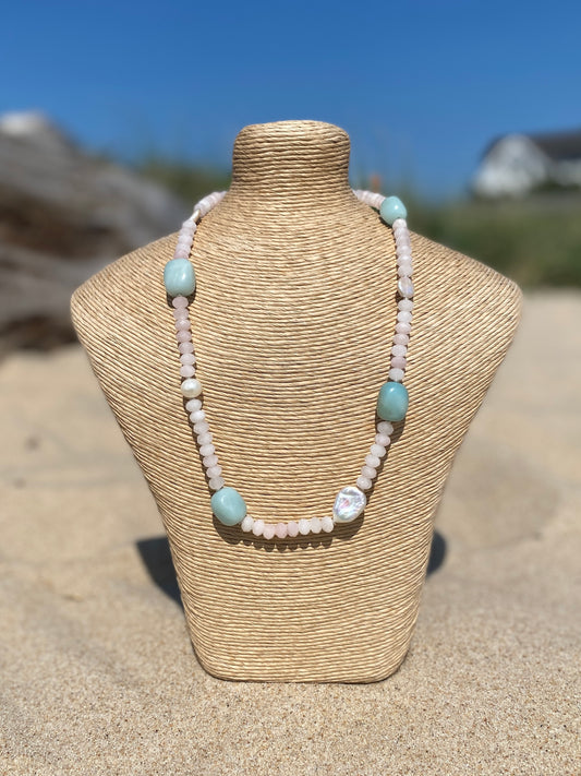 Rose Quartz, Amazonite and Freshwater Pearl Necklace