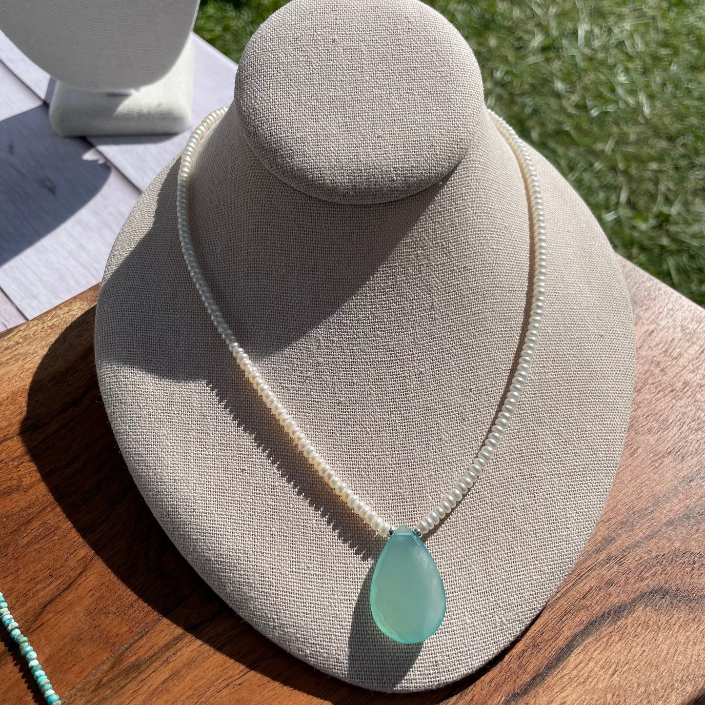Chalcedony Teardrop and Pearl Necklace