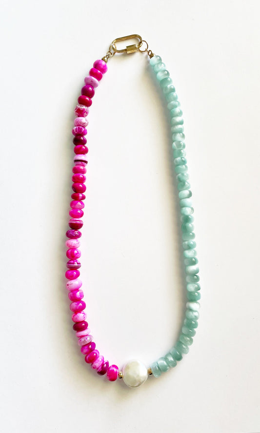 Hot Pink Opal and Green Moonstone Necklace