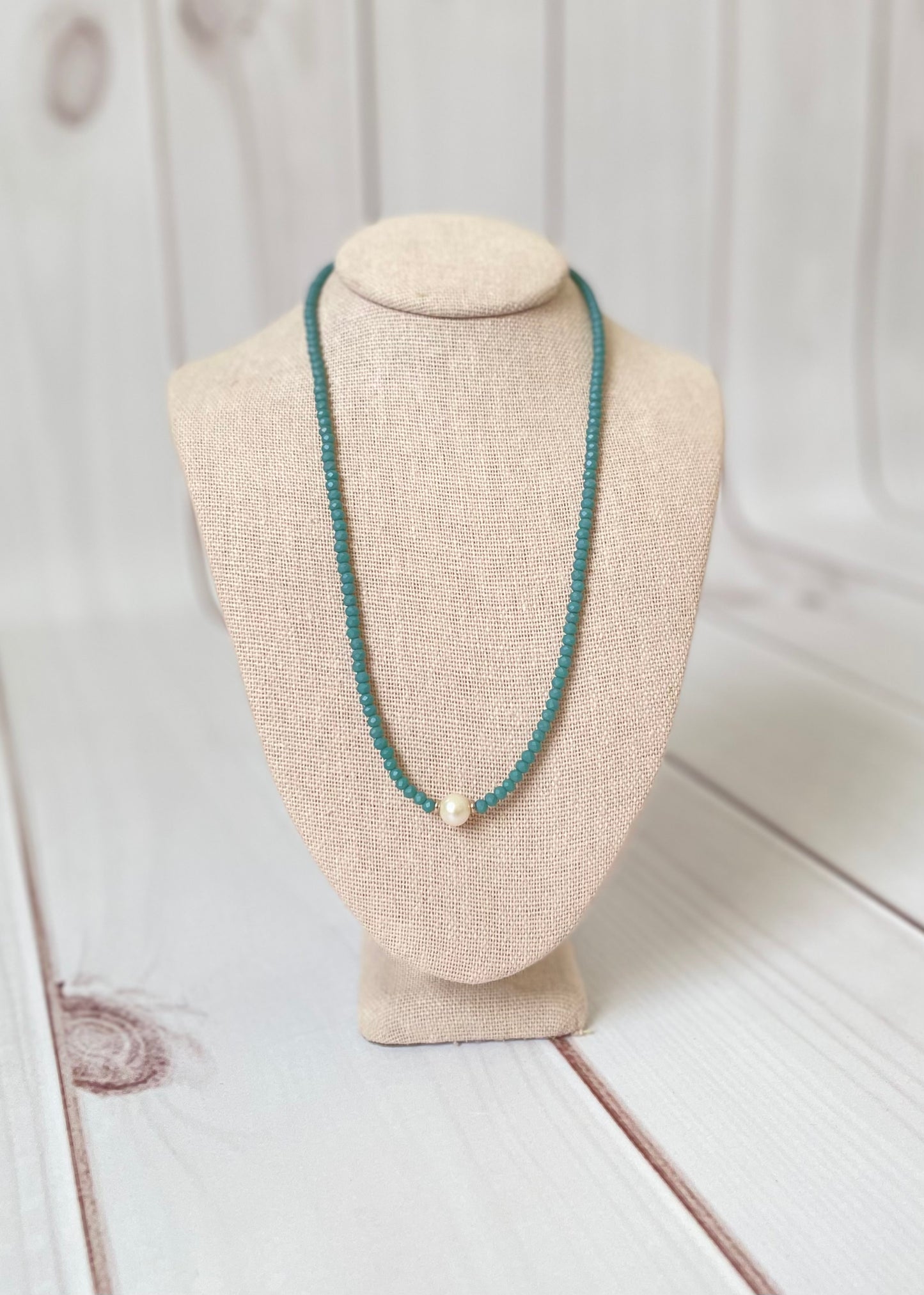 Matte Teal Glass and Pearl Necklace