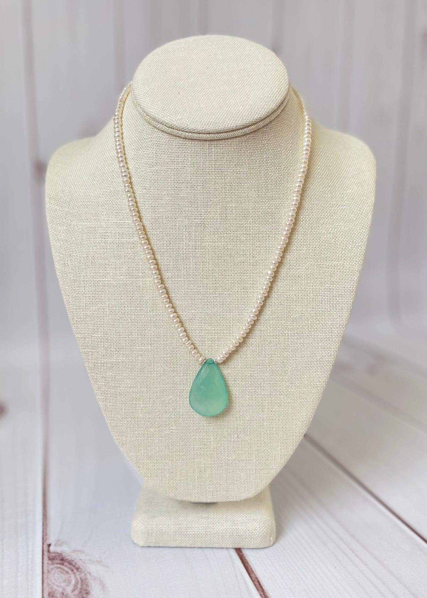 Chalcedony Teardrop and Pearl Necklace