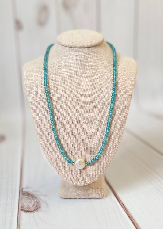 Apatite and Pearl Necklace 14"