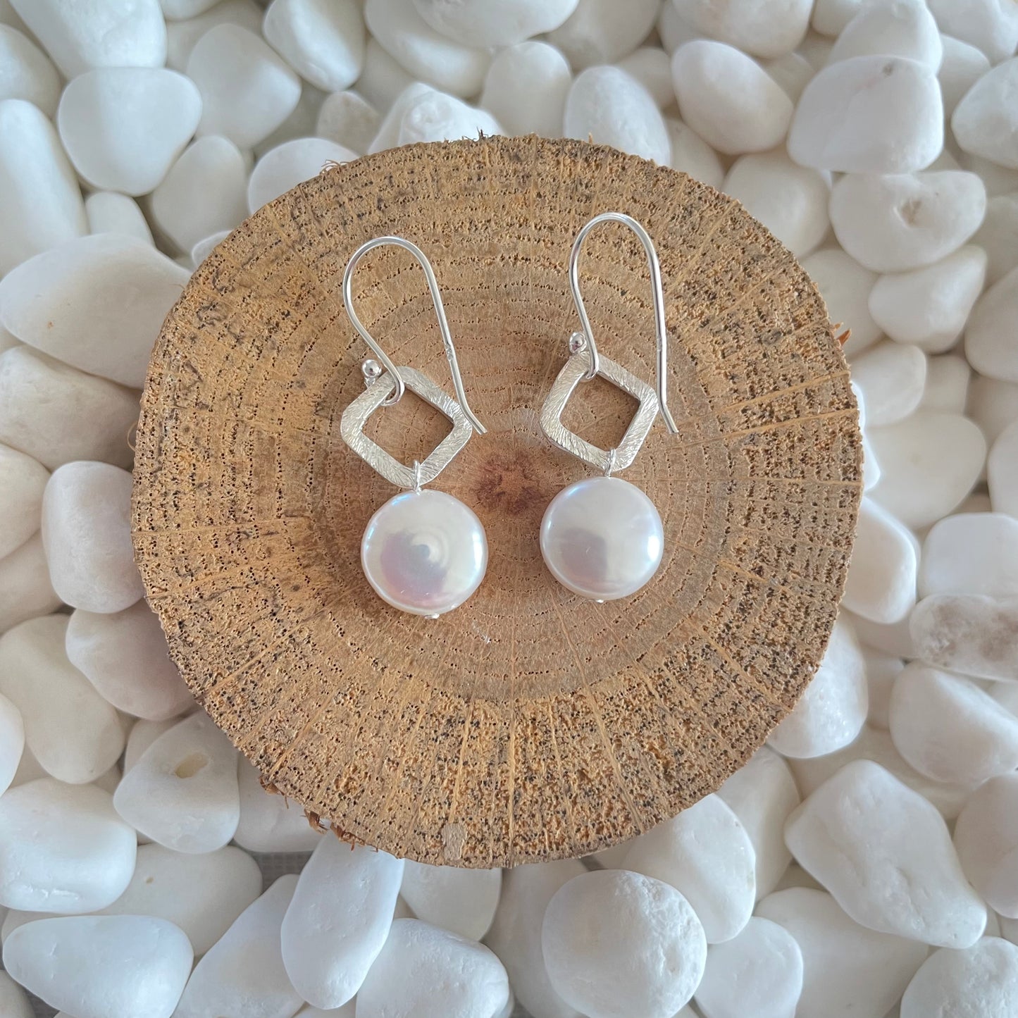 Small Pearl and Silver Diamond Drop Earrings