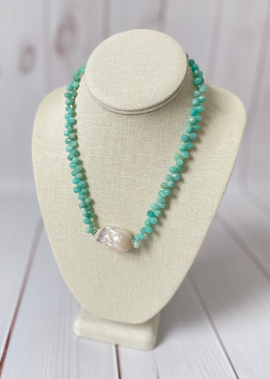 Amazonite Teardrop and Large Pearl Necklace