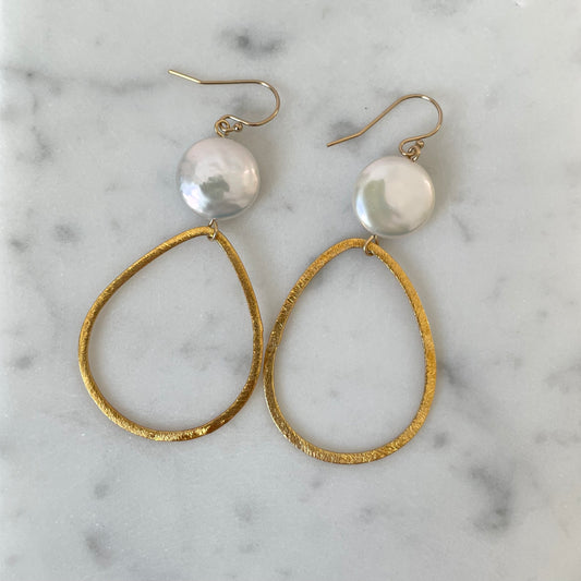 Large Gold Drop and Medium Coin Pearl Earring