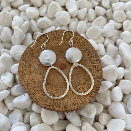 Small Silver Drop and Coin Pearl Earrings