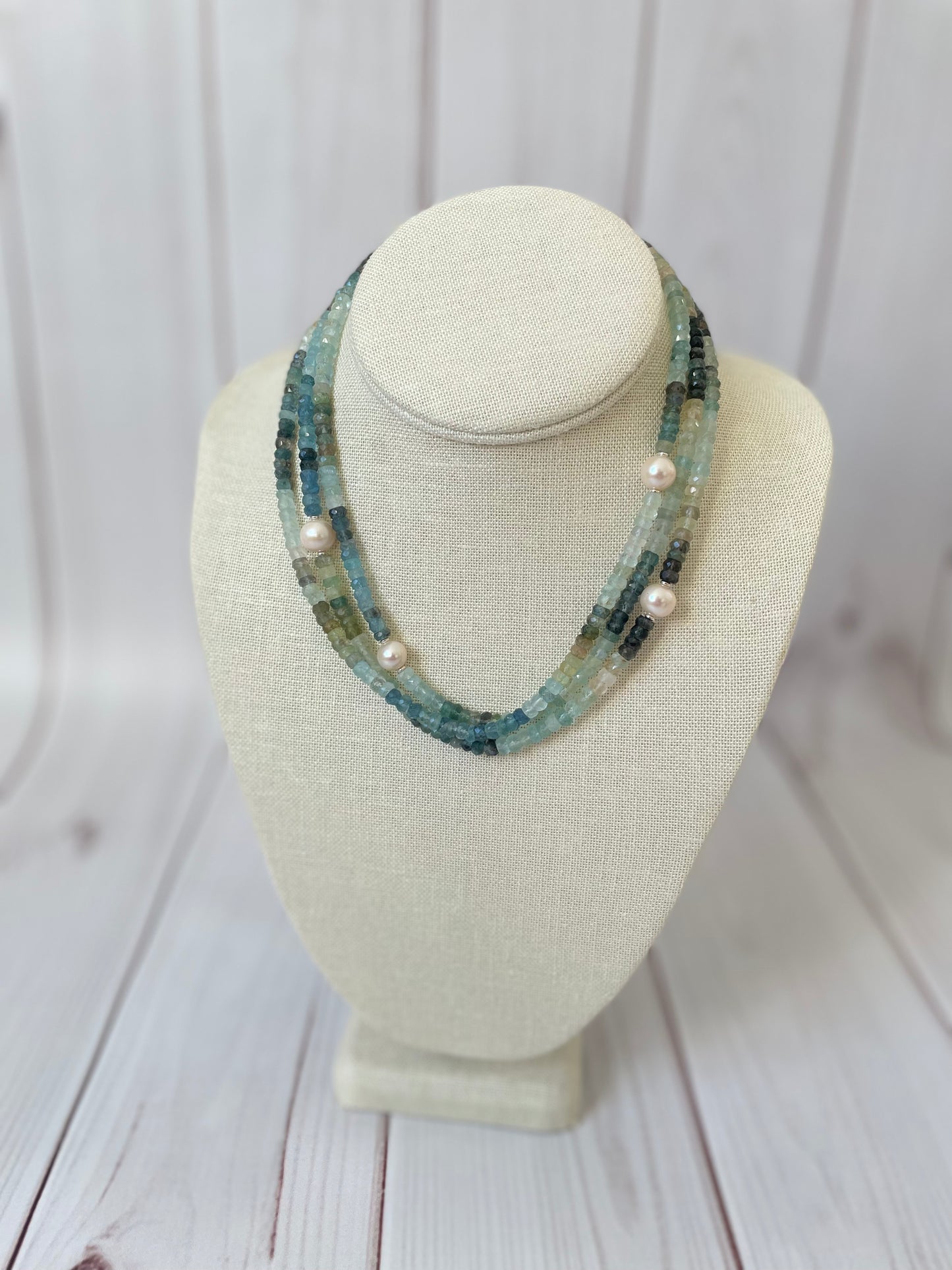 Long Moss Aquamarine and Pearl Necklace