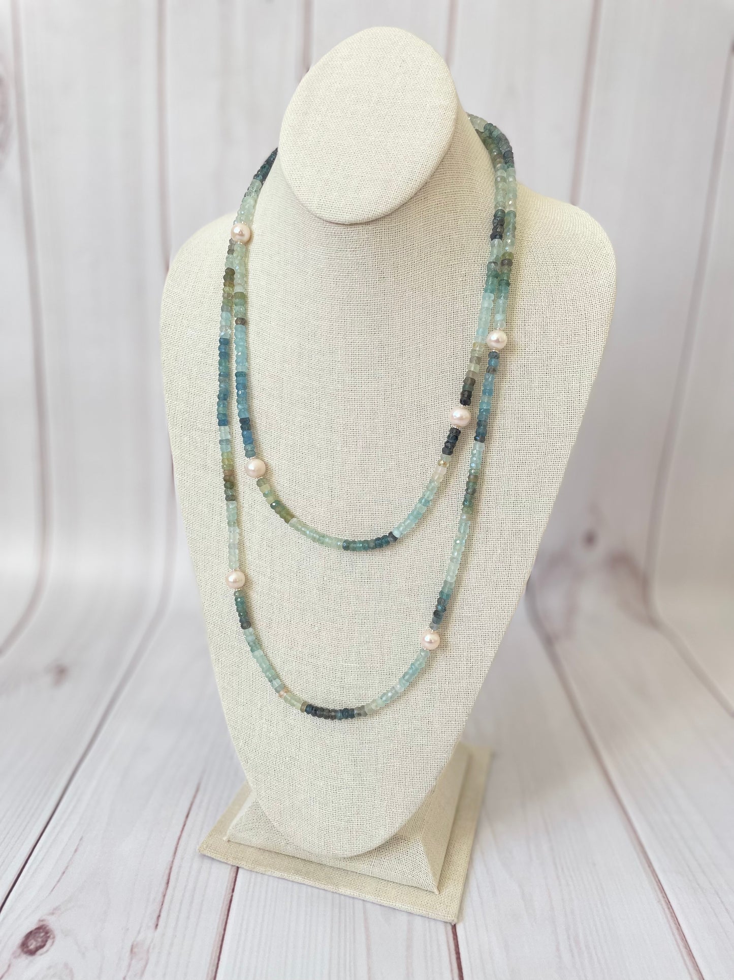 Long Moss Aquamarine and Pearl Necklace