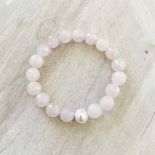 Faceted Rose Quartz and Pearl Bracelet