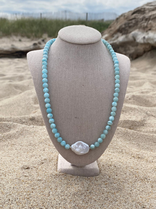 Hemimorphite and Flat Pearl 5mm