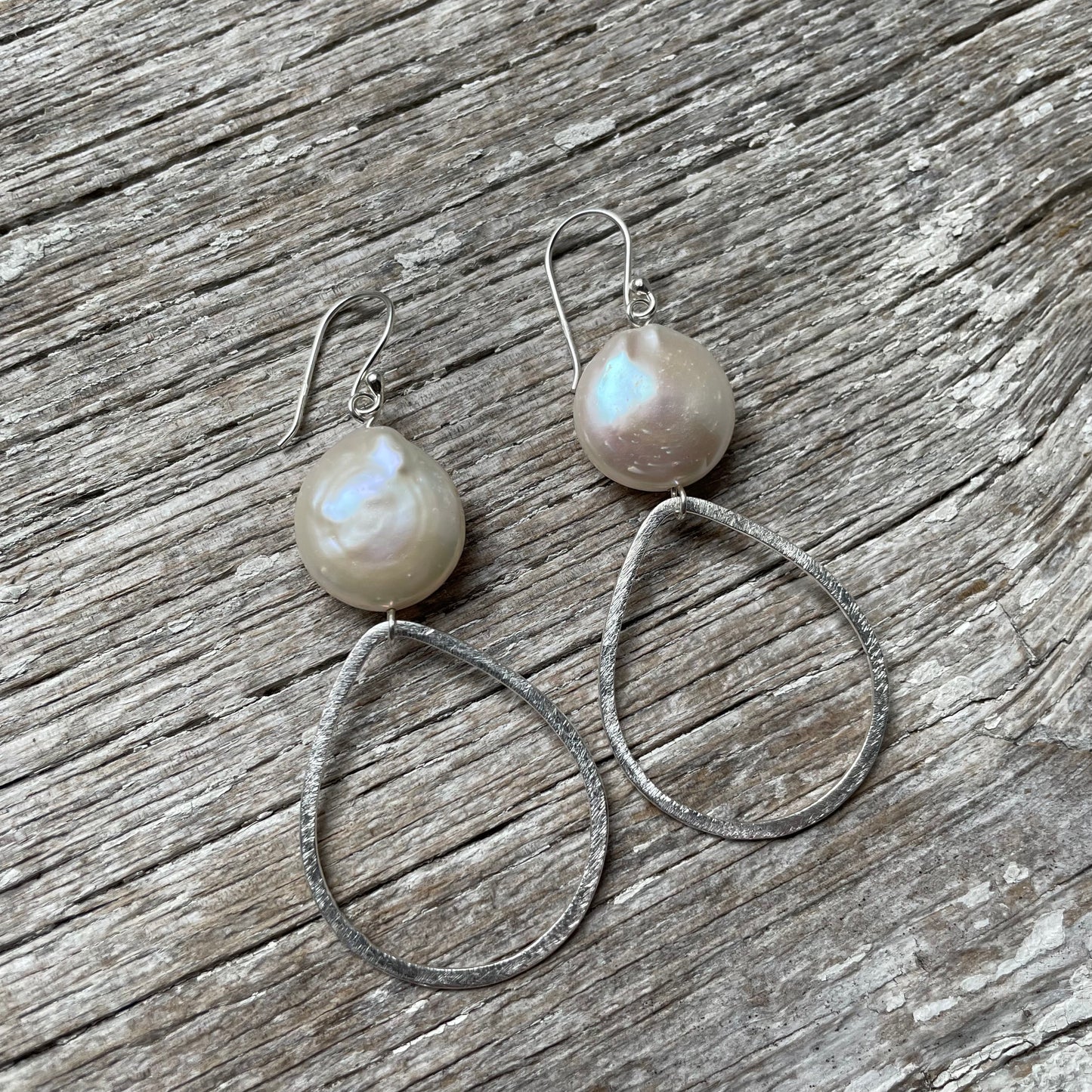 Coin Pearl and Silver Teardrop Earrings